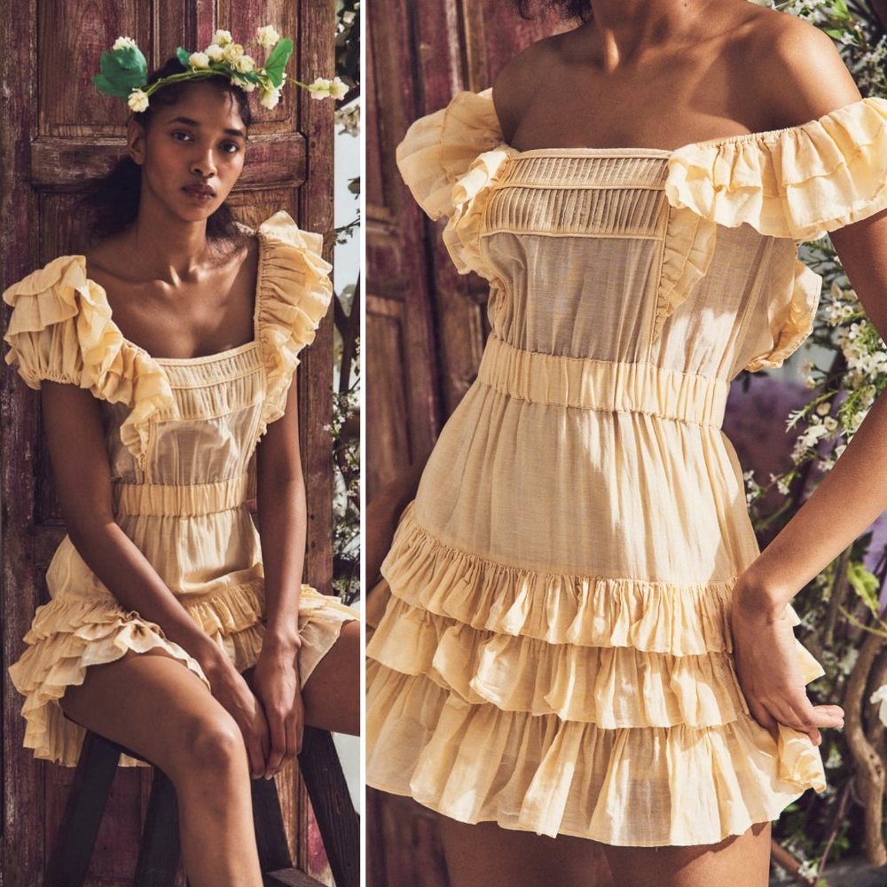 LoveShackFancy Ruffle Puff Sleeve Square Neck Tiered Mini Dress Light Yellow XL